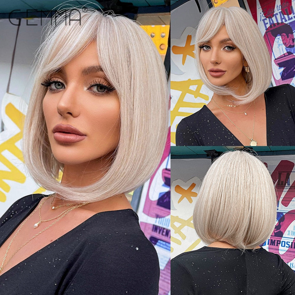 GEMMA Short Straight White Blonde Bob Wigs