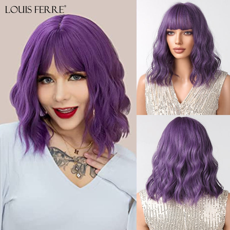 LOUIS FERRE Short Purple Curly Hair Wigs