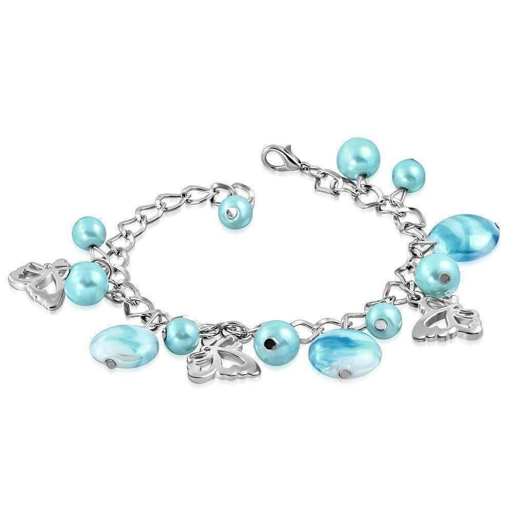 Breezy Blue Glass Bead & Silver Butterfly Charm Bracelet
