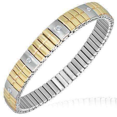 Thin Two-Tone Stainless Steel & 18K Gold Stretch Link Bracelet with CZ Accents