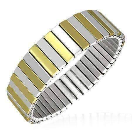 Wide Two Tone Bar Link 18K Gold Plated Stainless Steel Stretch Bracelet