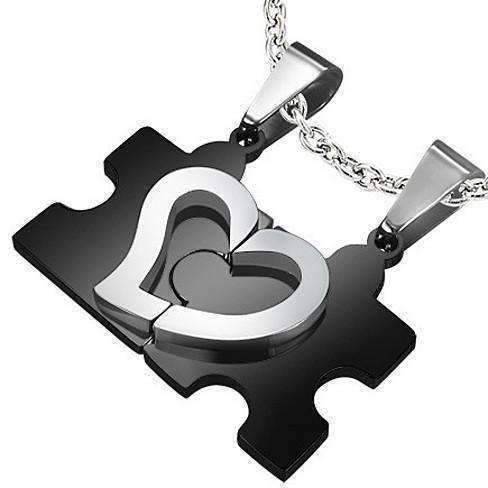 Puzzle Heart Pendant Necklace Set in Black and Stainless Steel for Men or Women