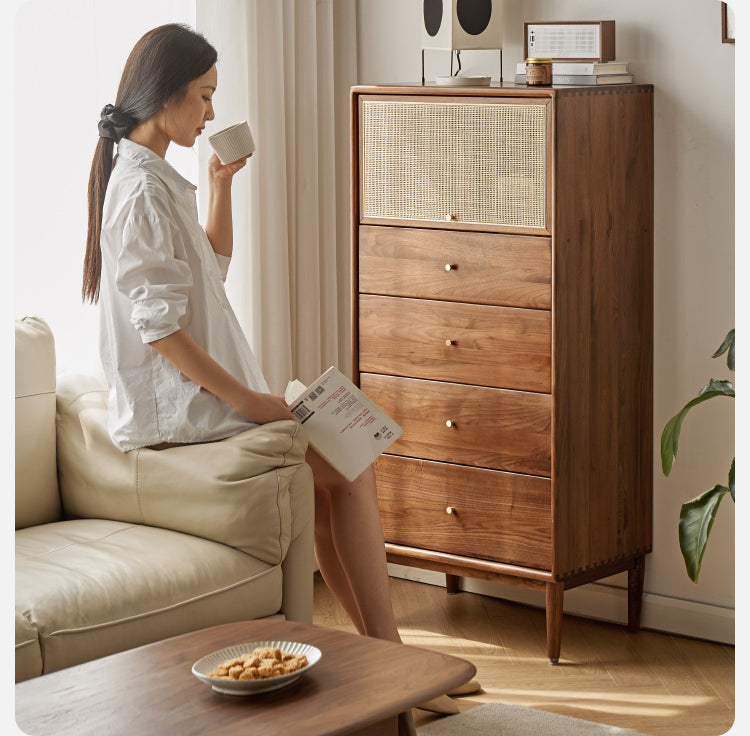 Black Walnut Solid Wooden Vintage Drawer Cabinet flipdoor rattan 