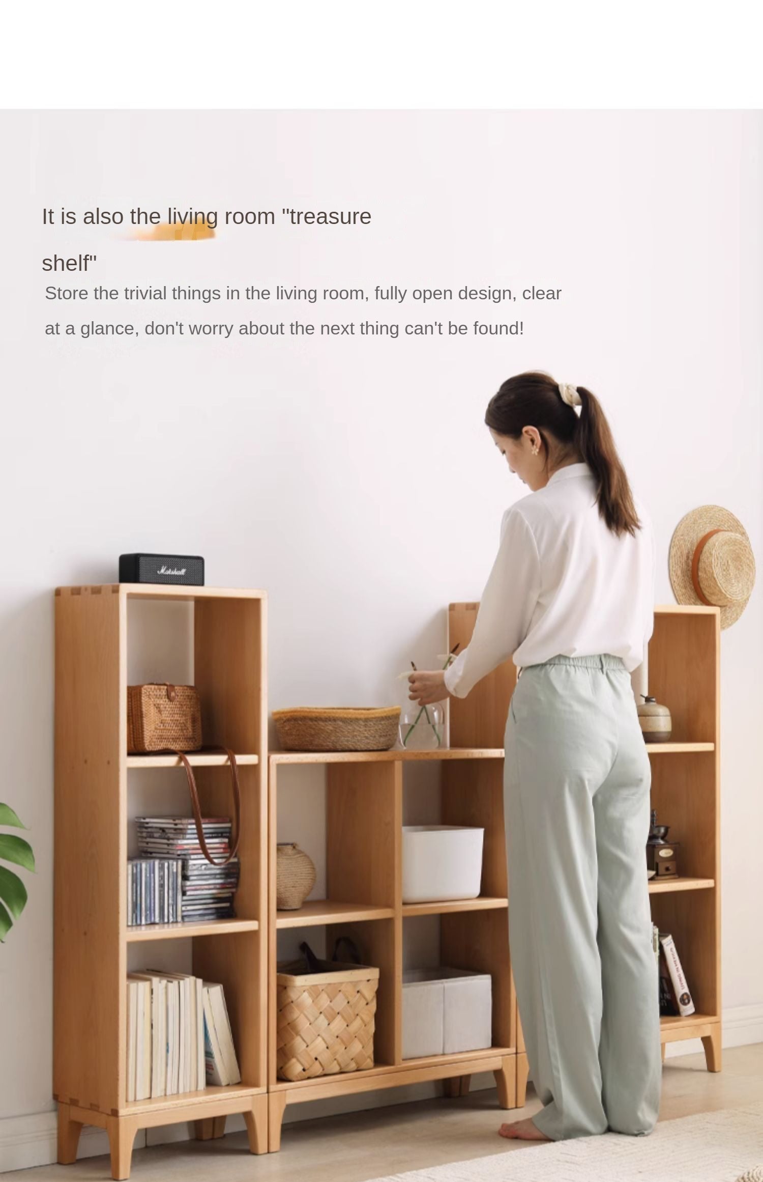 Beech solid wood bookshelf, Nordic display rack