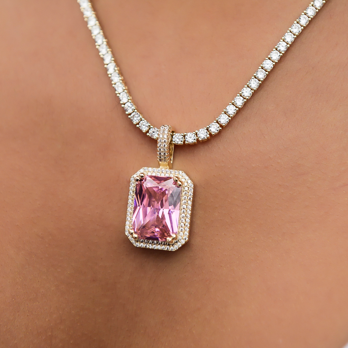 Large Iced Pave Pink Pendant - Yellow Gold