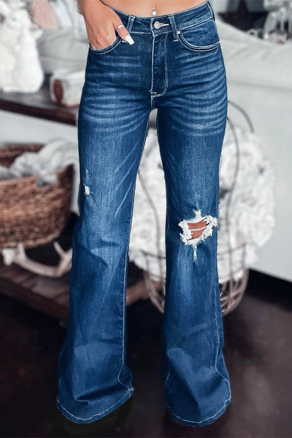 Open Knee Distressed Flare Jeans