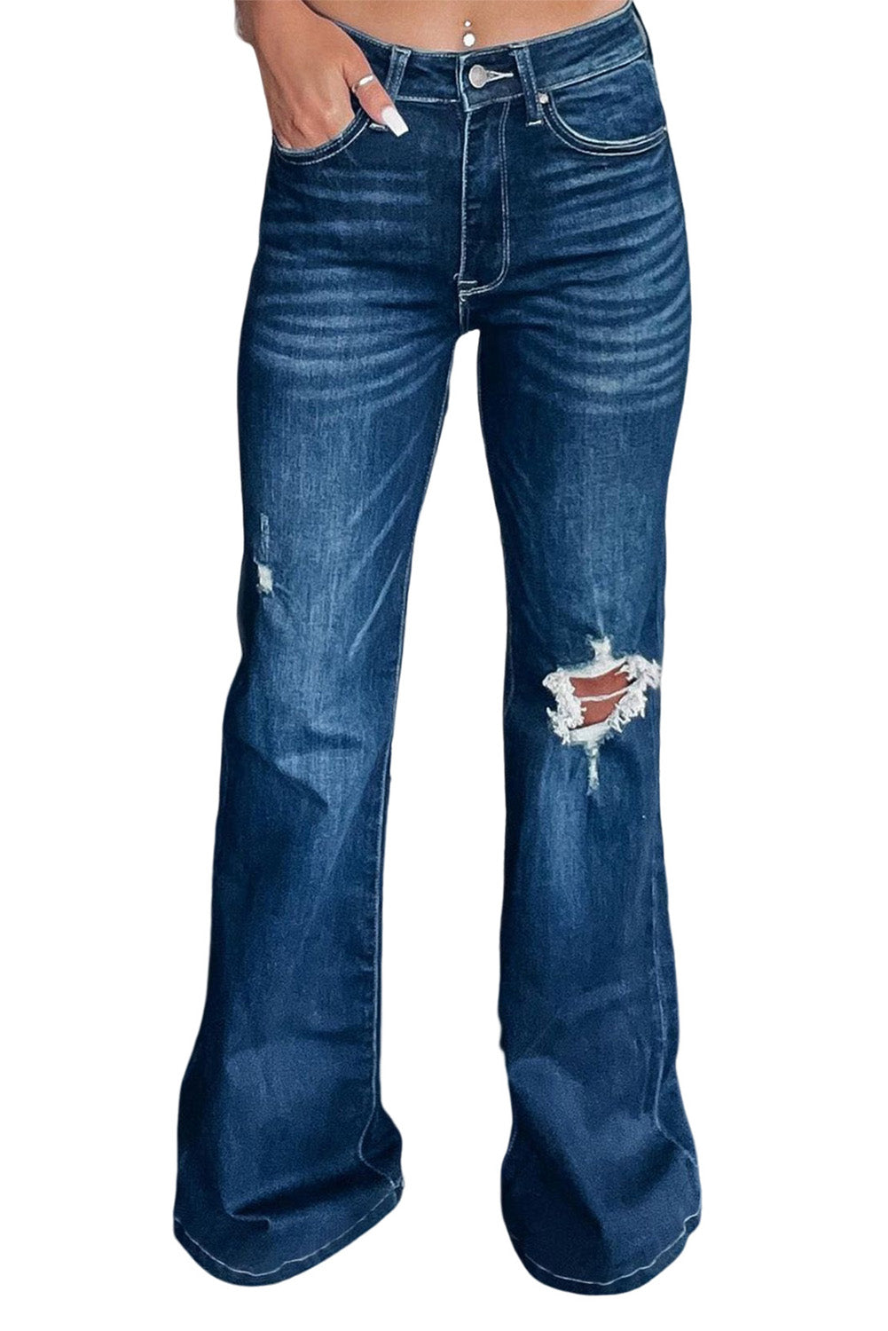 Open Knee Distressed Flare Jeans