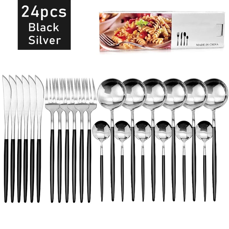 24Pcs Stainless Steel Dinnerware Set Black Gold Cutlery Spoon Fork Knife Western Cutleri Silverware Flatware Tableware Supplies