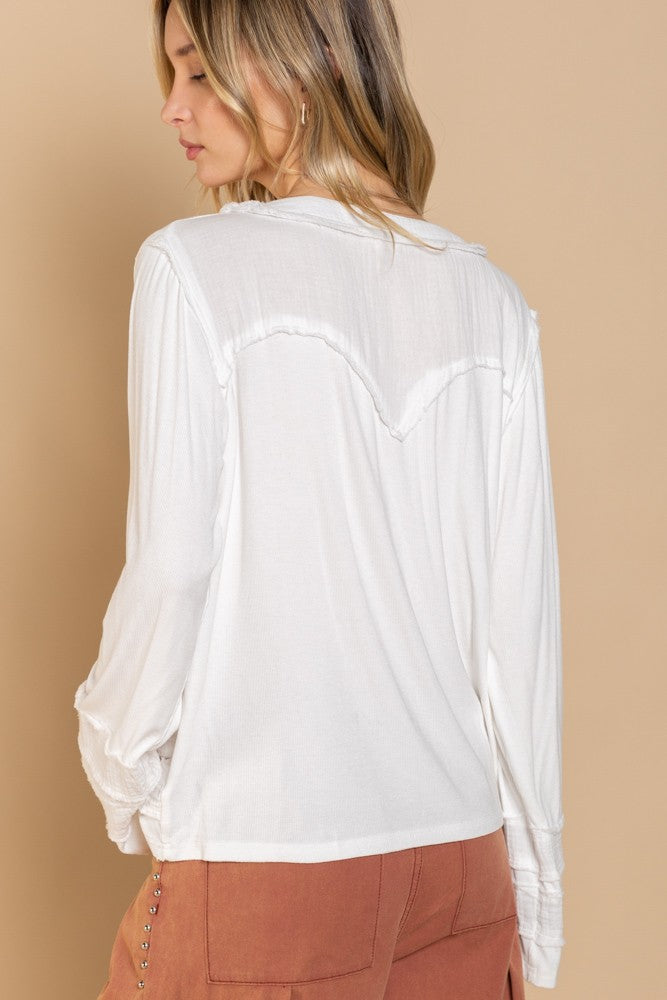 POL Long Sleeve Contrast Gauze Strap Detail Top