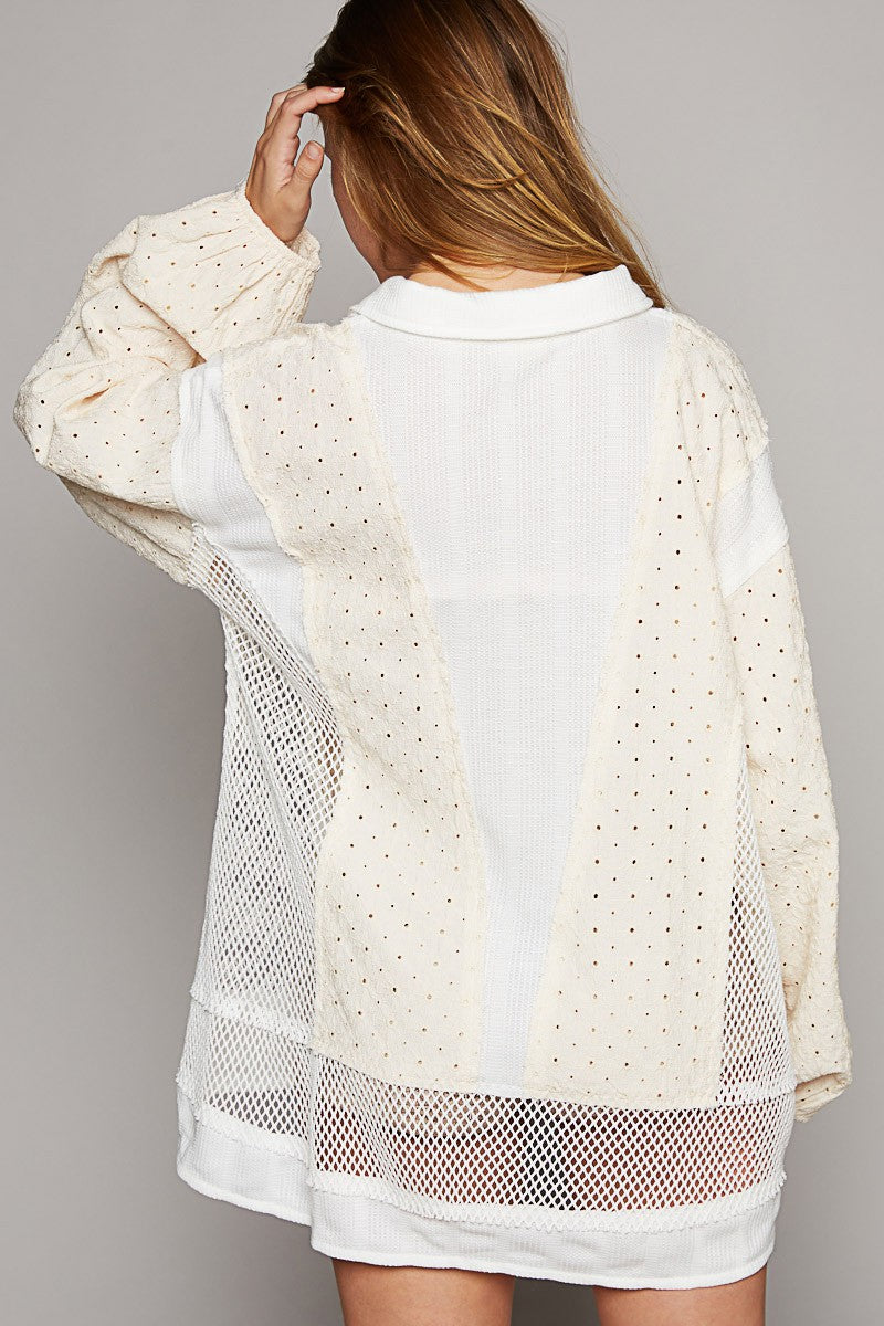 POL Oversize Long Sleeve Crochet Trim Button Down Top