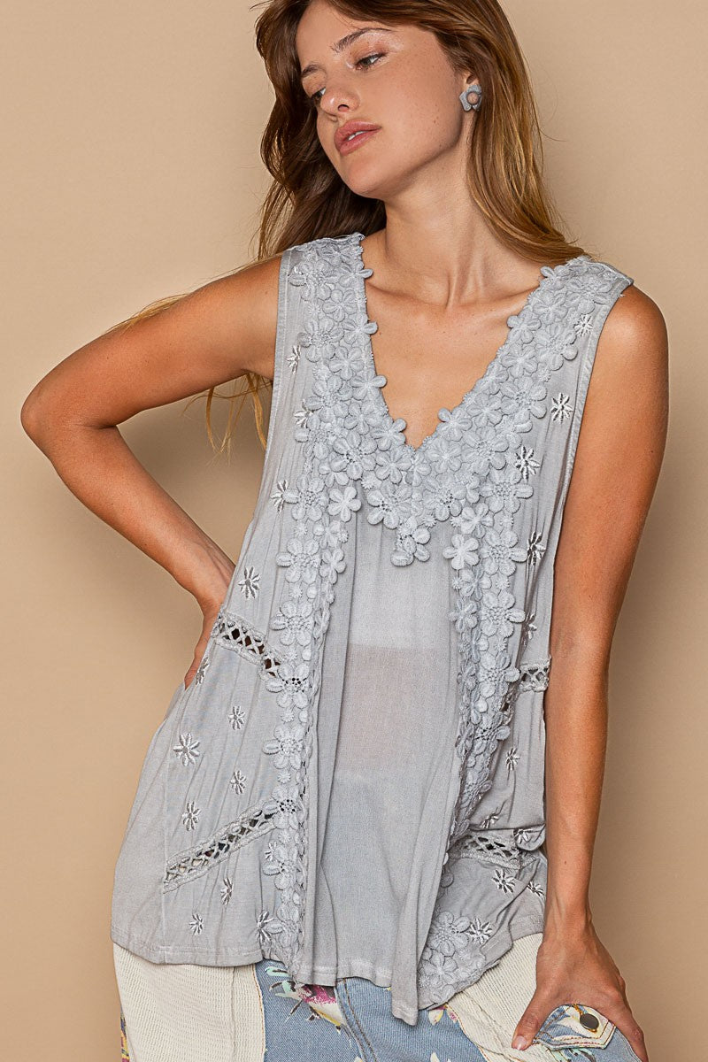 POL Sleeveless Floral Lace Crochet Detail V Neck Top