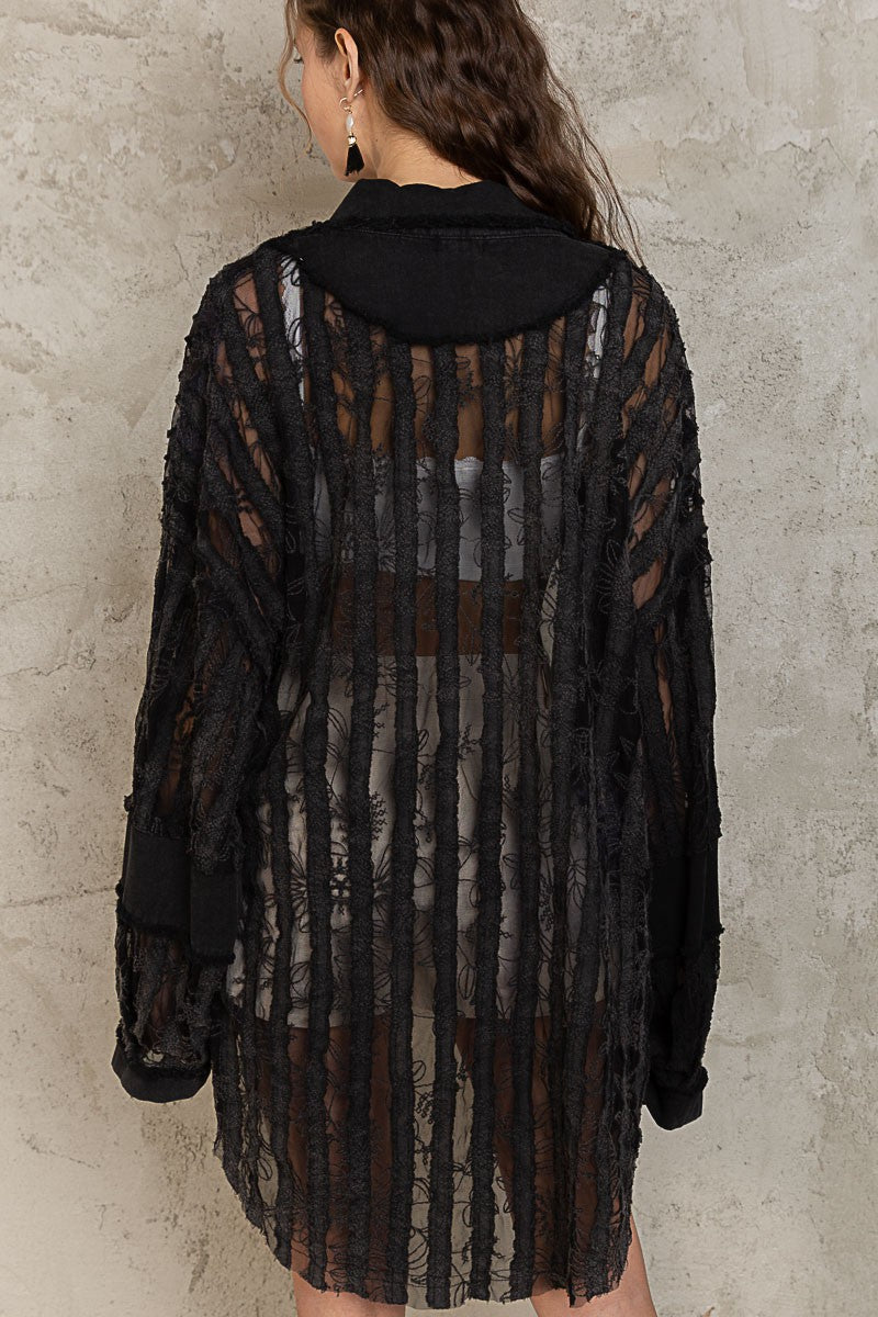 POL Sheer Lace Panels Oversize Button Down Shirt Top