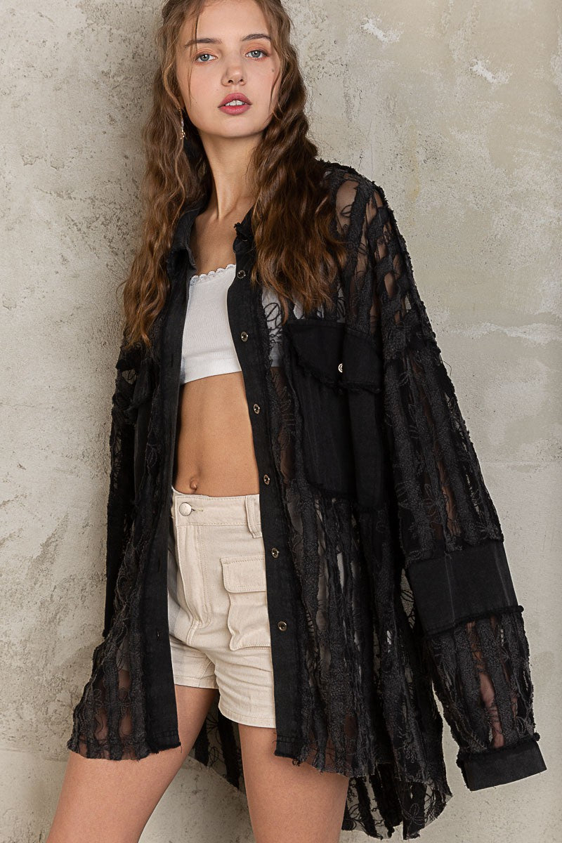 POL Sheer Lace Panels Oversize Button Down Shirt Top