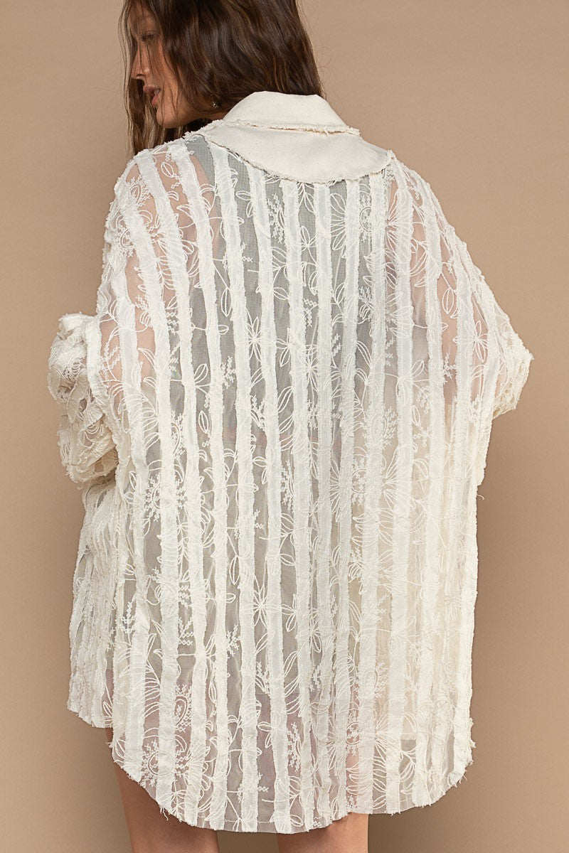 POL Sheer Lace Panels Oversize Button Down Shirt Top