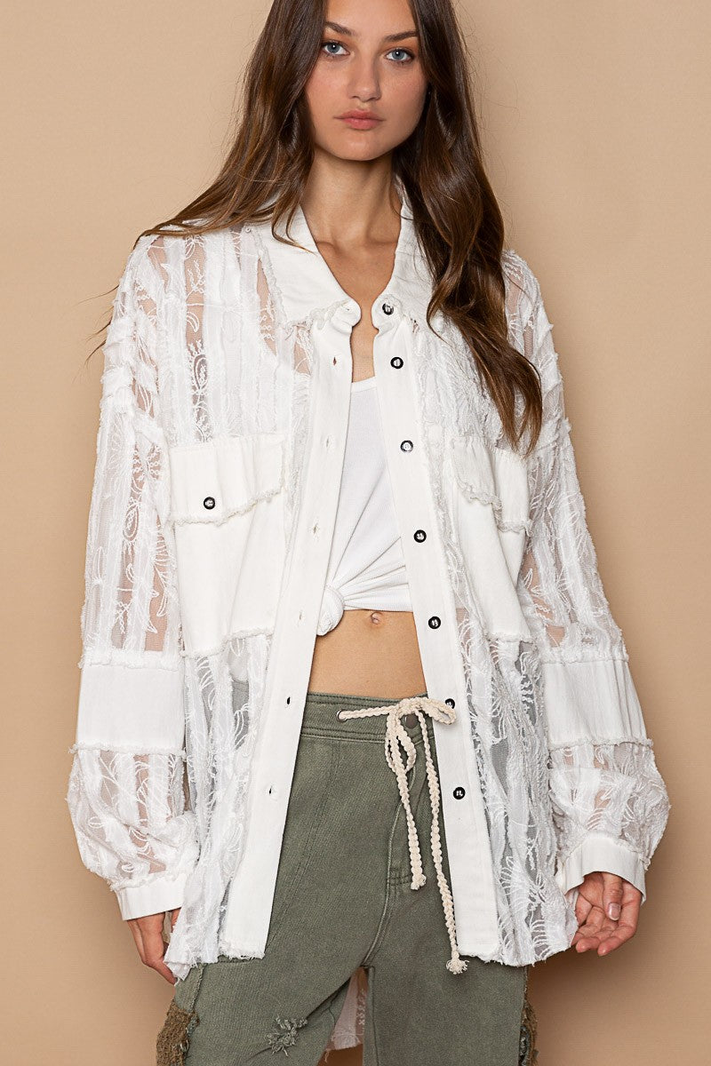 POL Sheer Lace Panels Oversize Button Down Shirt Top