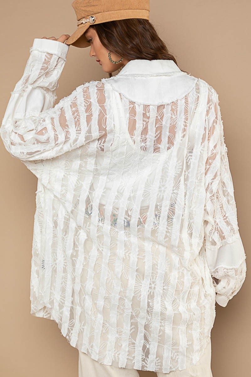 POL Sheer Lace Panels Oversize Button Down Shirt Top