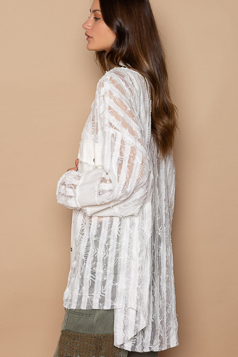 POL Sheer Lace Panels Oversize Button Down Shirt Top