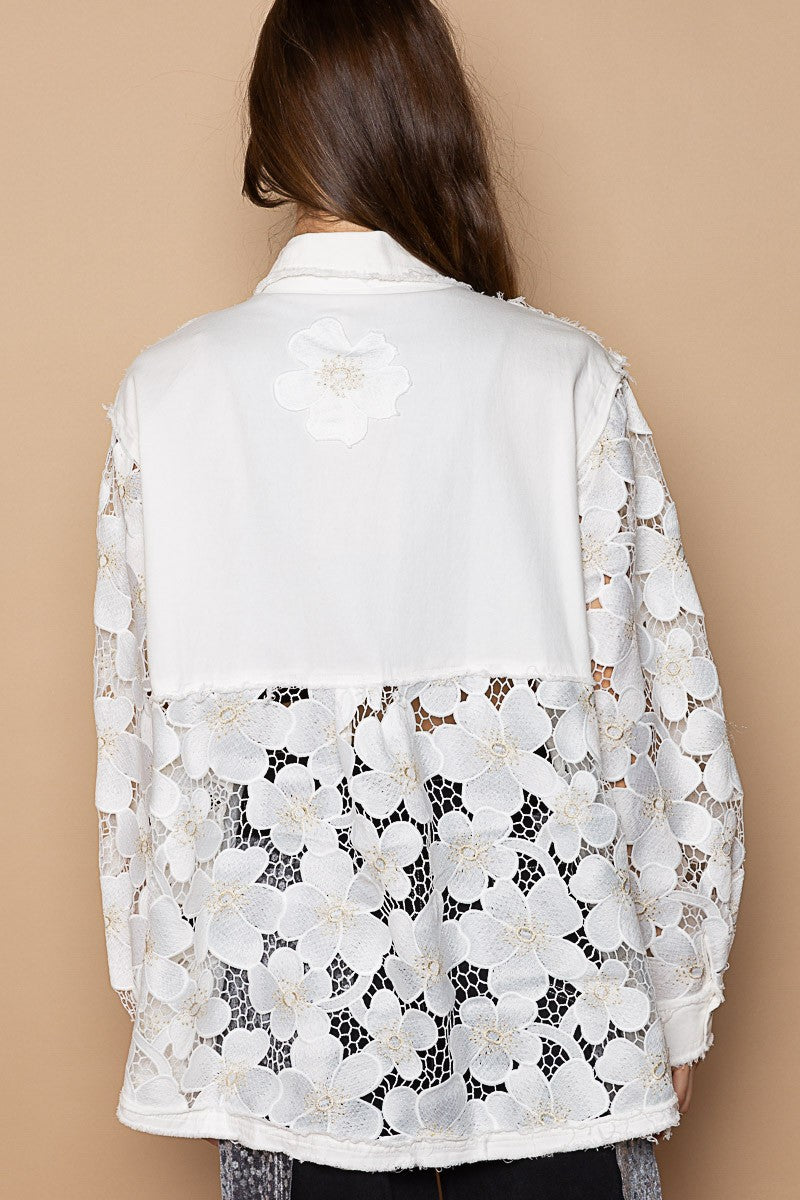 POL Oversize Lace Crochet Floral Pattern Shirt  Top