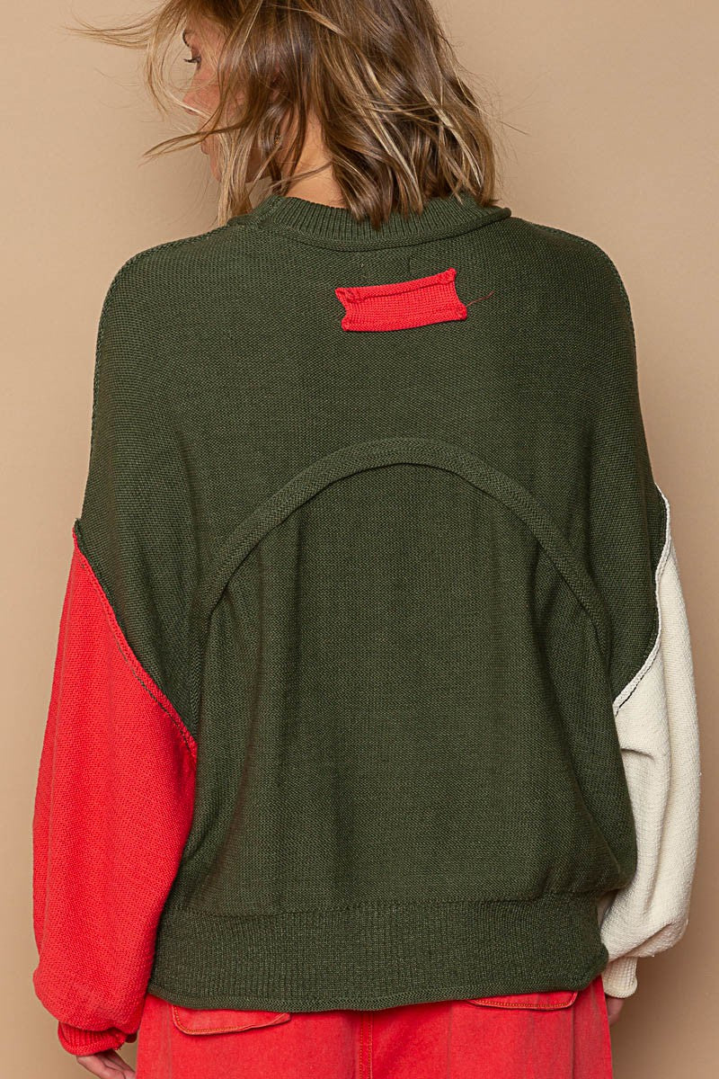 POL Color Block Mock Neck Hacci Pullover Sweater Top