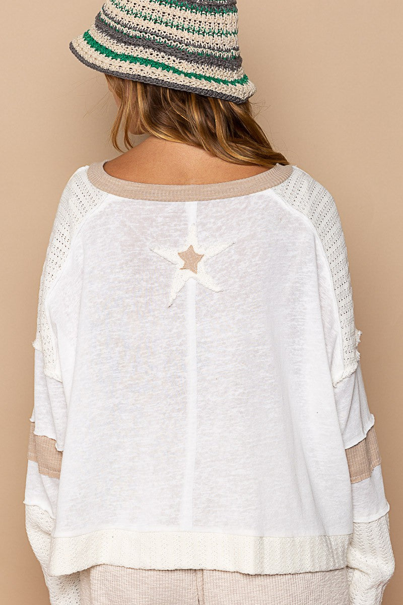 POL Star Patch Long Sleeve Cropped Knit Top