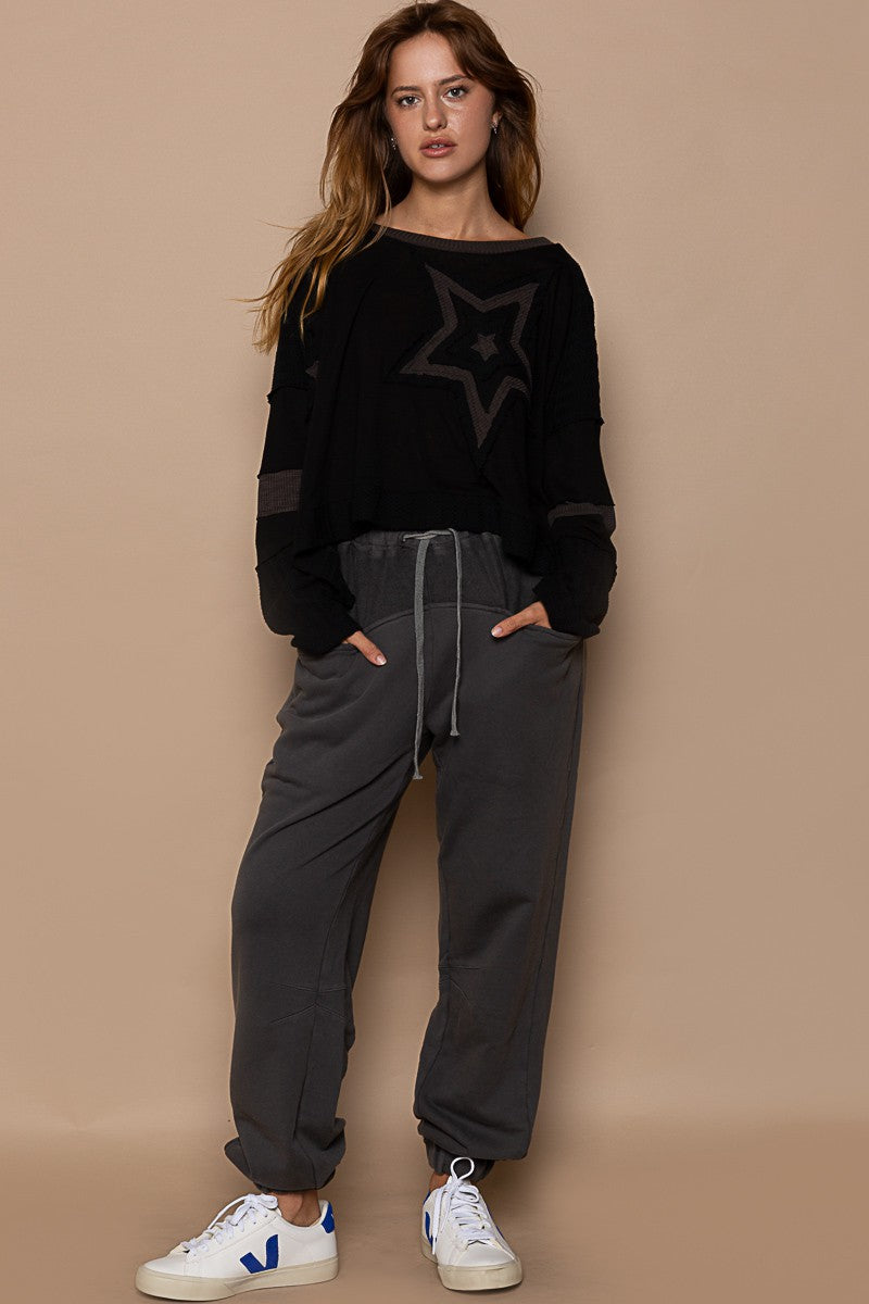 POL Star Patch Long Sleeve Cropped Knit Top