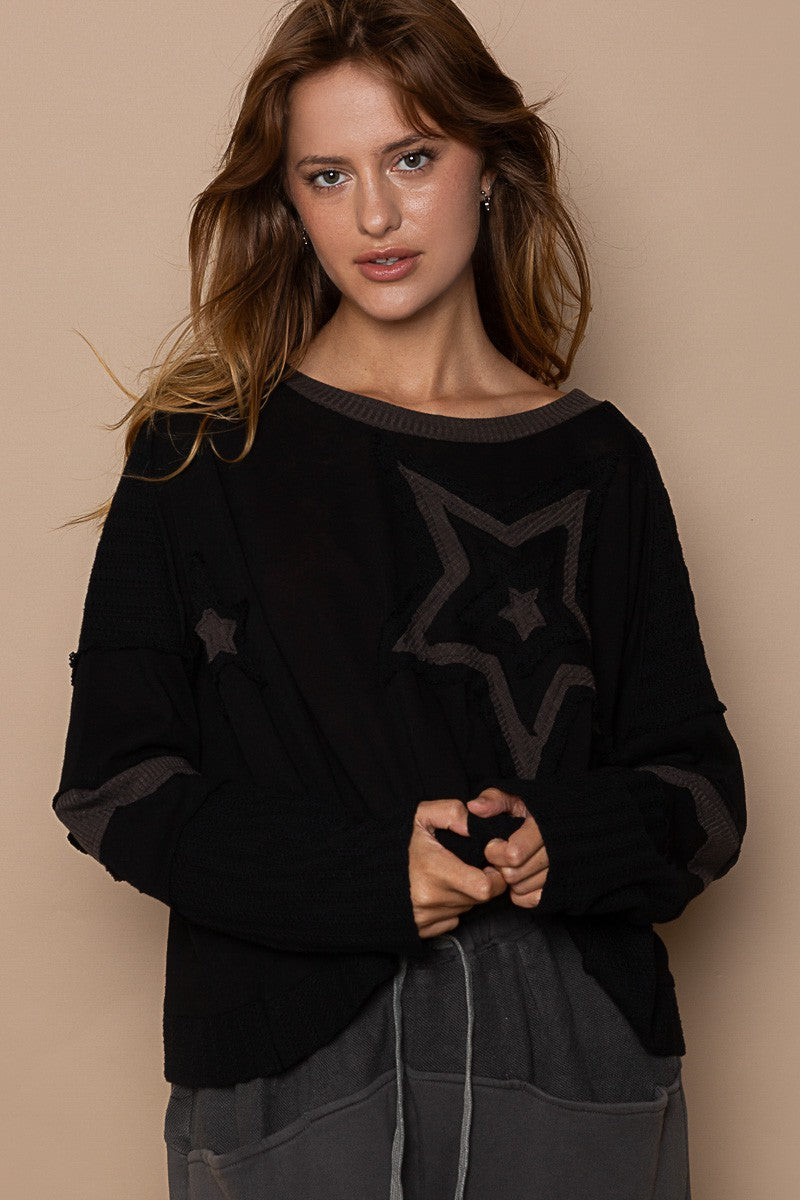 POL Star Patch Long Sleeve Cropped Knit Top