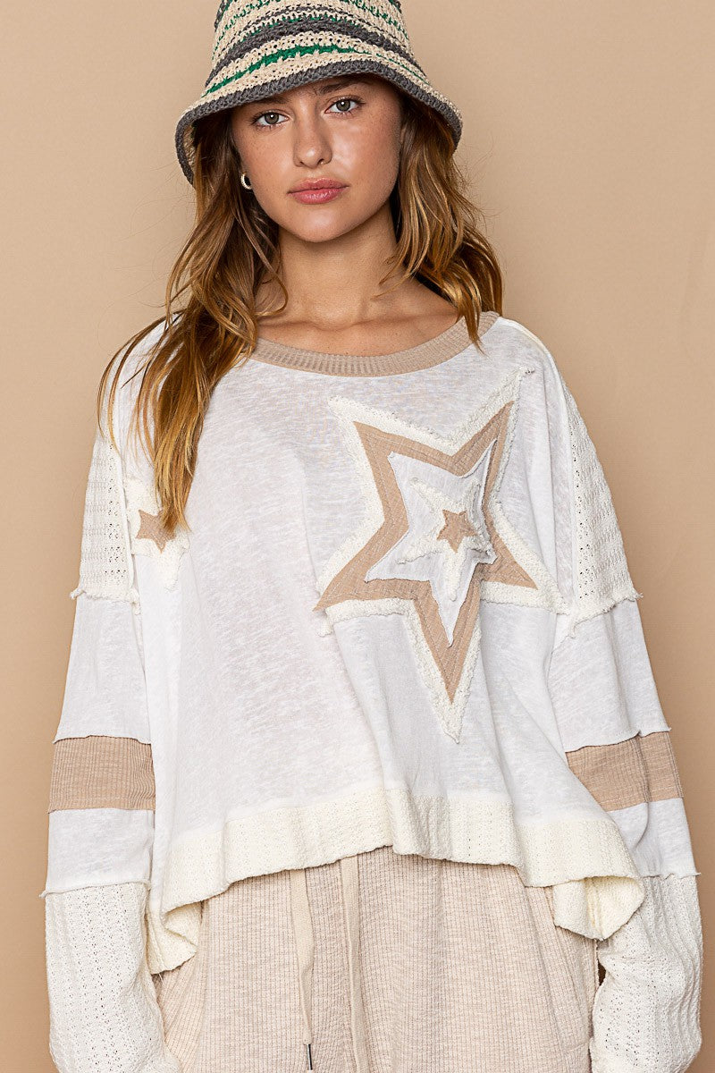 POL Star Patch Long Sleeve Cropped Knit Top