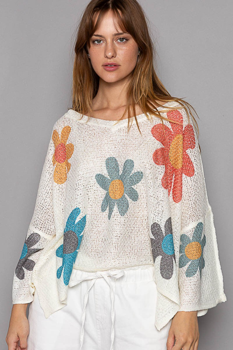 POL V-Neck Colorful Flower Print Light Weight Sweater Top