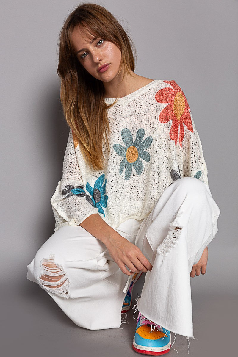 POL V-Neck Colorful Flower Print Light Weight Sweater Top