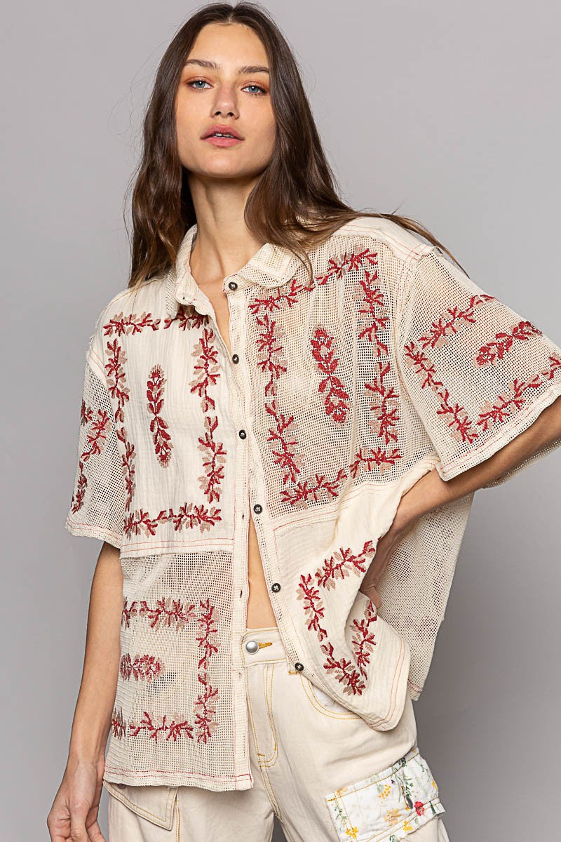 POL Embroidery Oversize Button Down Short Sleeve Shirt Top