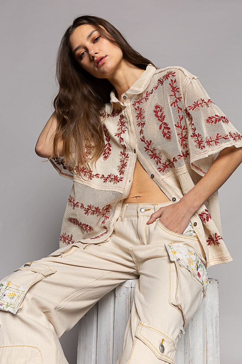 POL Embroidery Oversize Button Down Short Sleeve Shirt Top