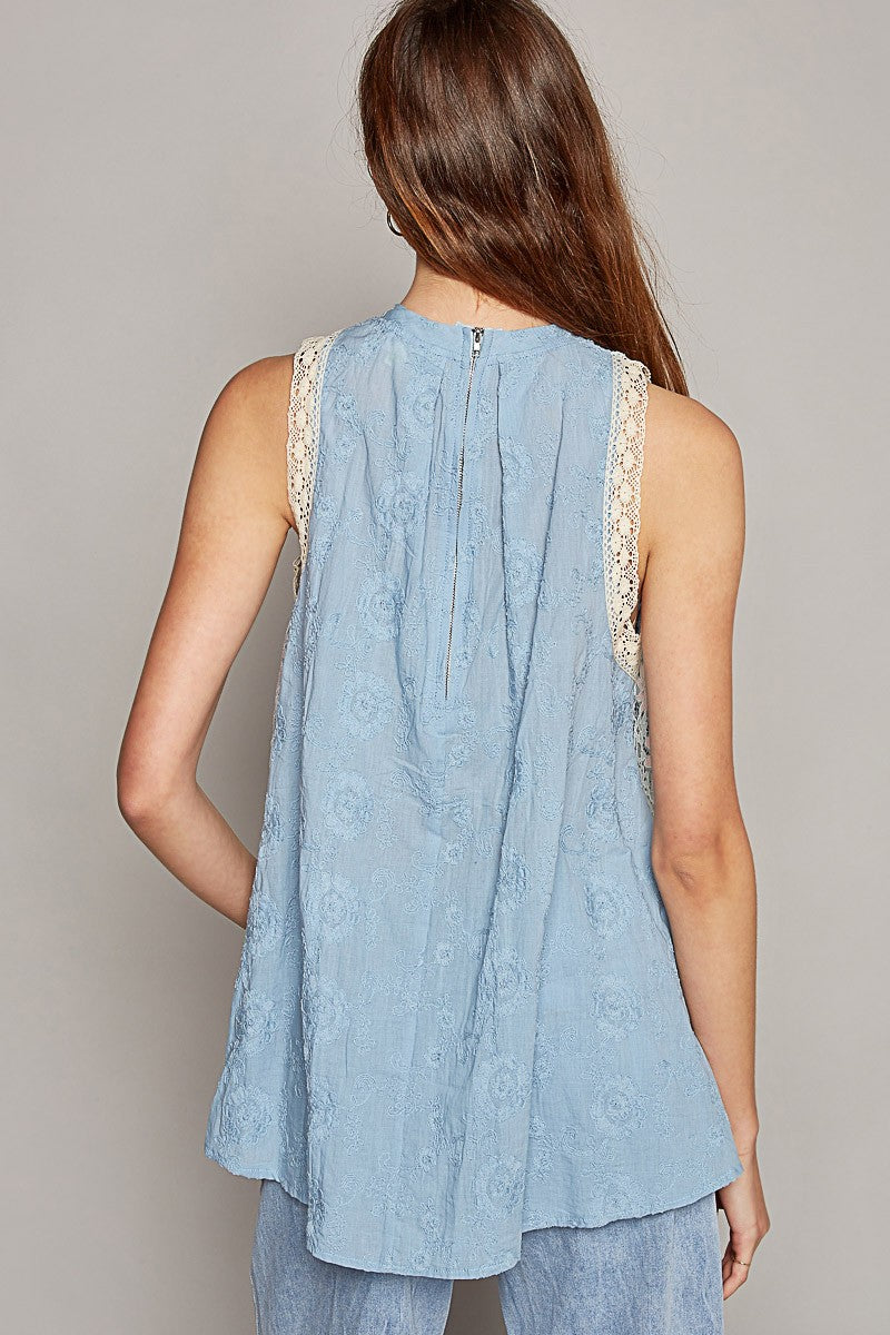 POL Round Neck Sleeveless Lace Patch Woven Tunic Top