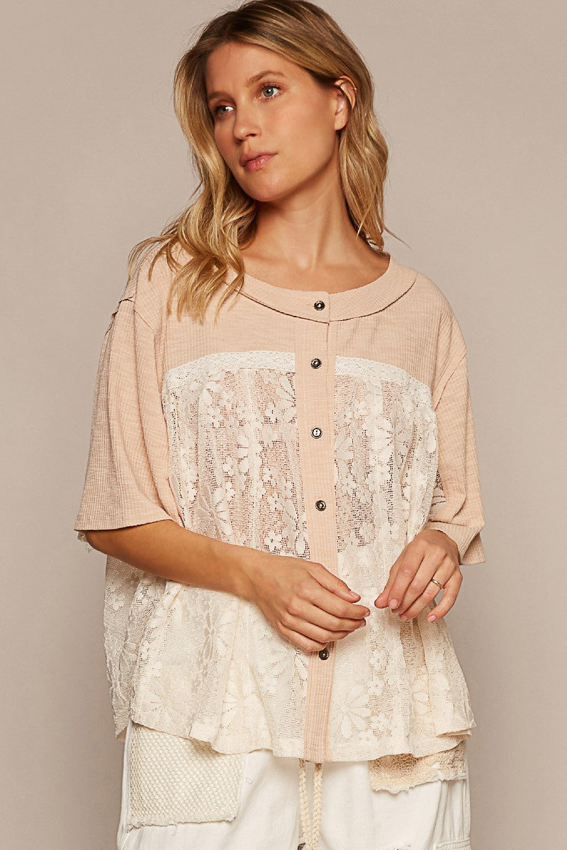 POL Oversize Round Neck Short Sleeve Lace Contrast Top