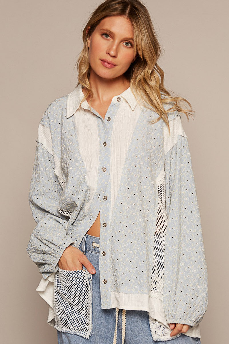 POL Oversize Long Sleeve Crochet Trim Button Down Top