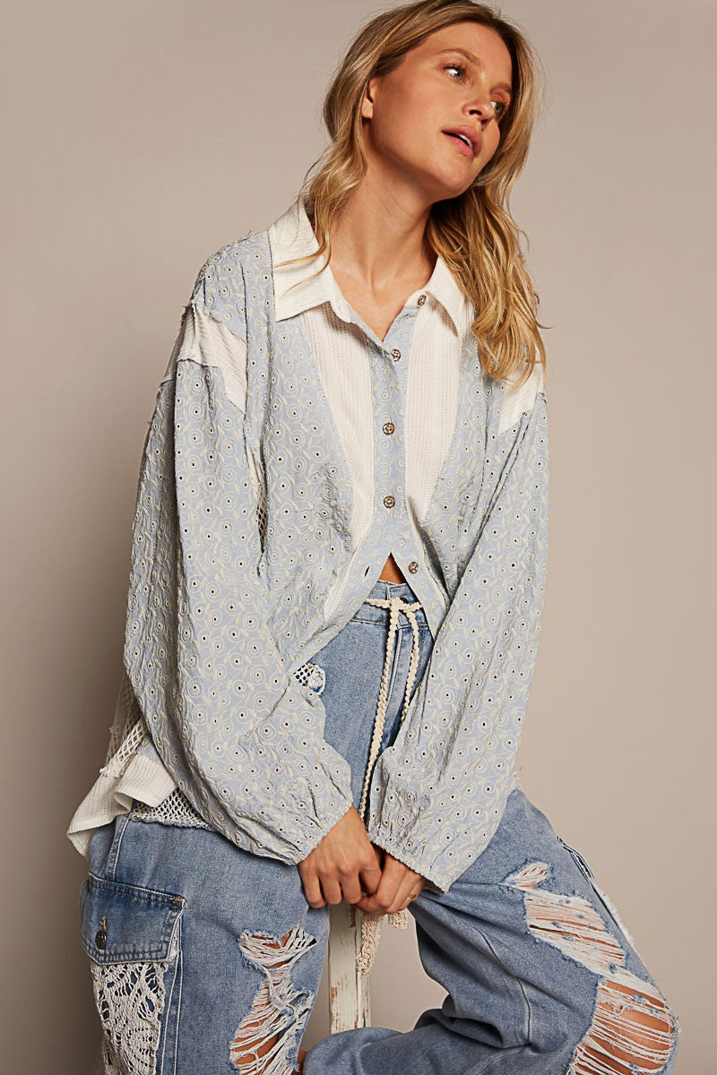 POL Oversize Long Sleeve Crochet Trim Button Down Top