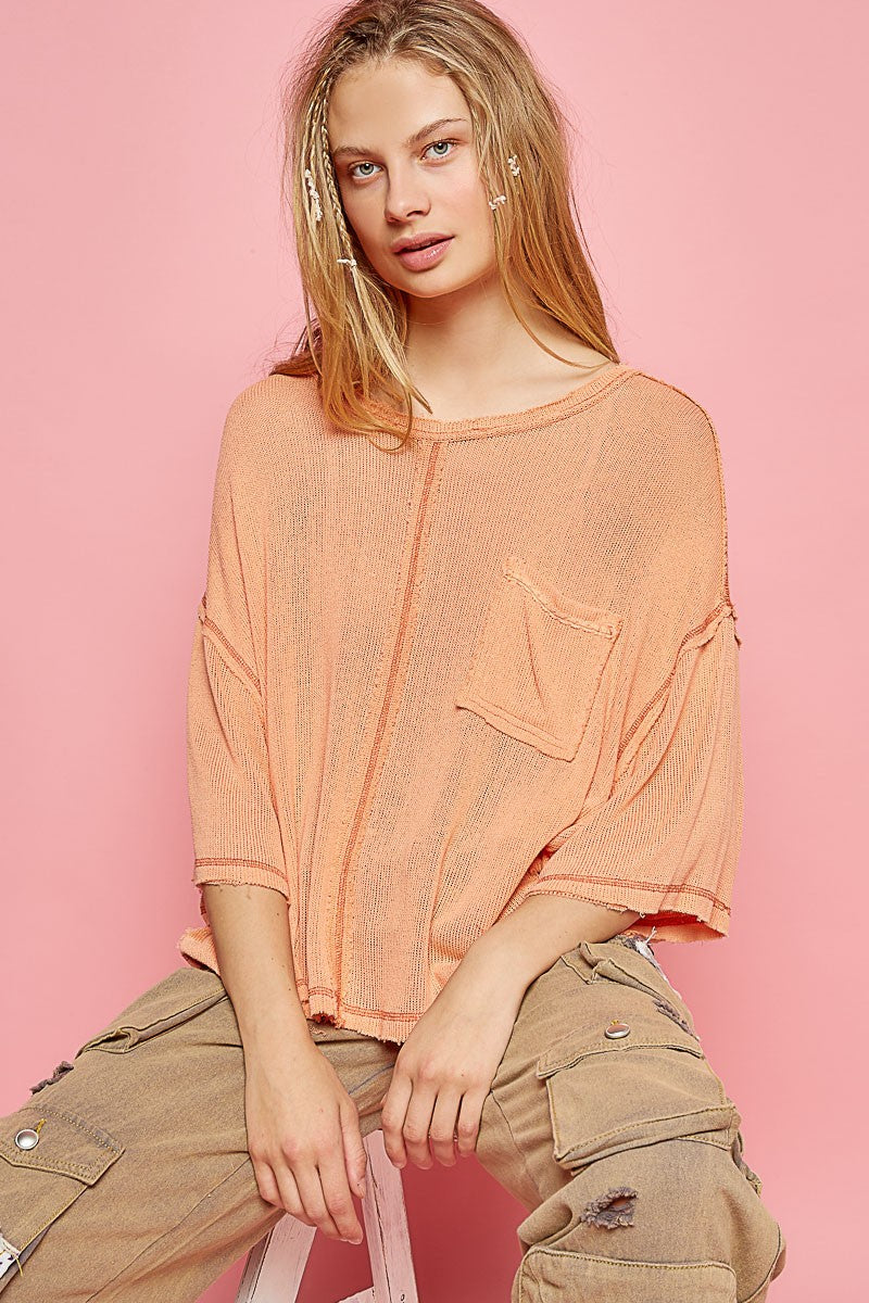 POL Oversize Short Sleeve Round Neck Solid Sweater Top