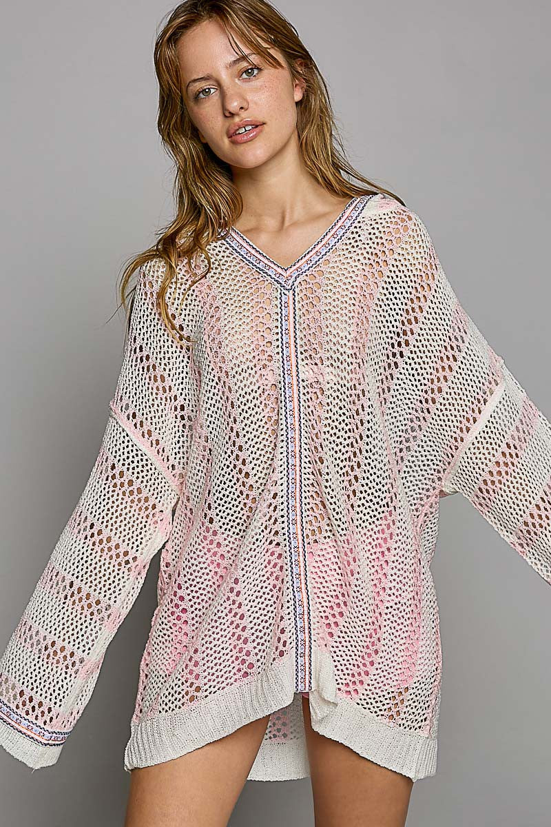 POL Oversize Stripe Open Weaving Hoodie Sweater Top