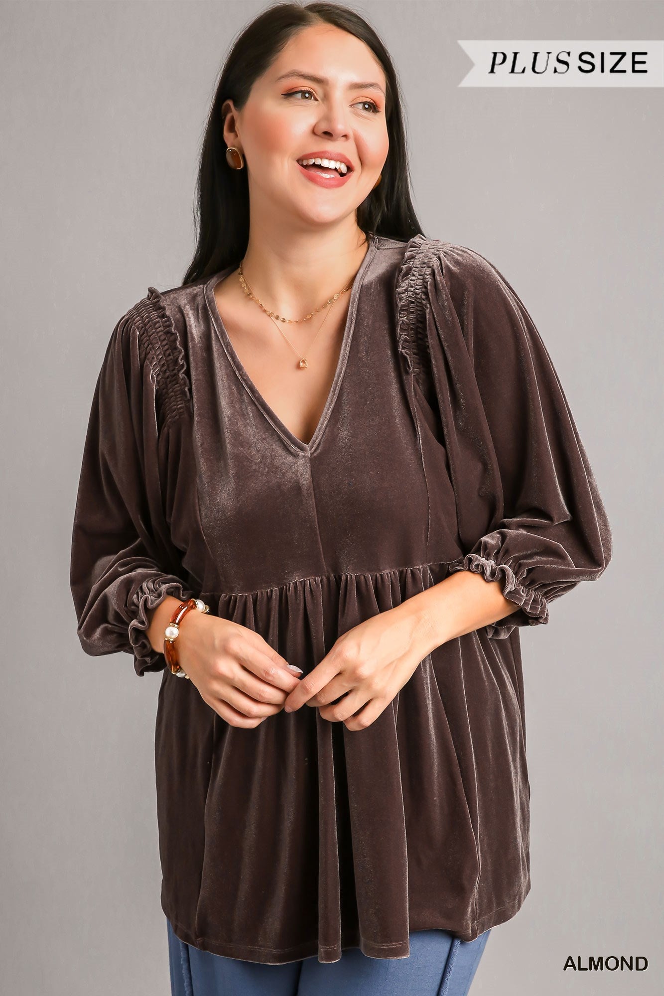 Umgee Plus Velvet Long Sleeve Smoked Tunic High Low Hem Top