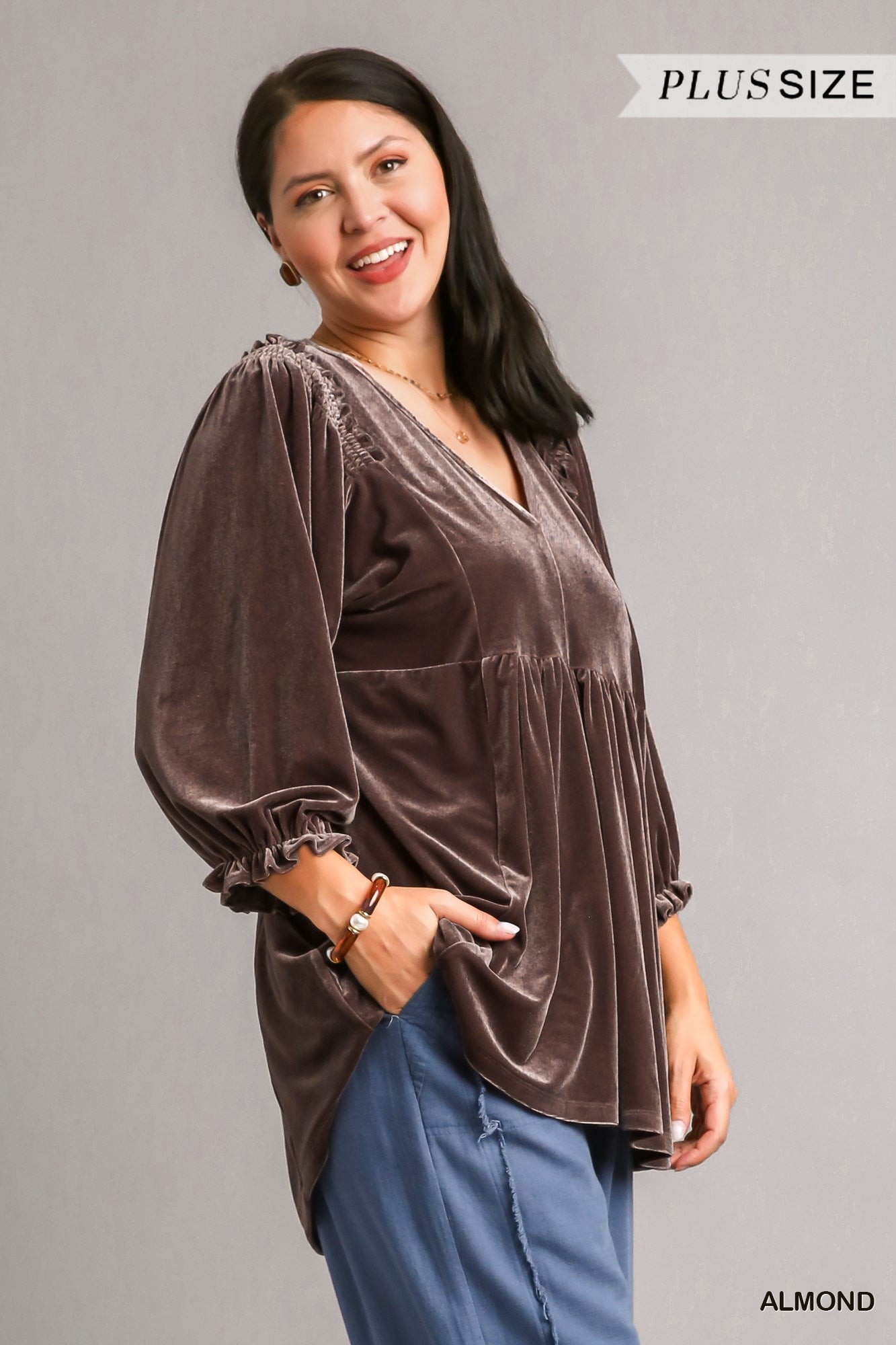 Umgee Plus Velvet Long Sleeve Smoked Tunic High Low Hem Top