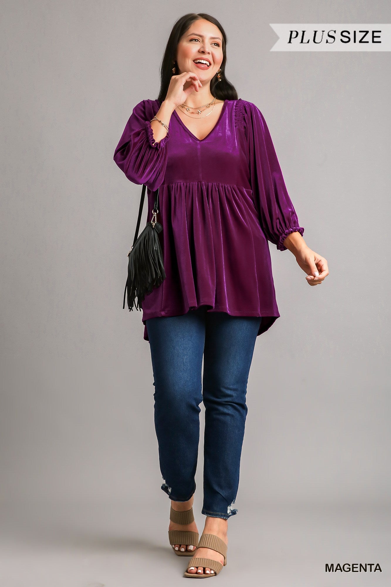 Umgee Plus Velvet Long Sleeve Smoked Tunic High Low Hem Top