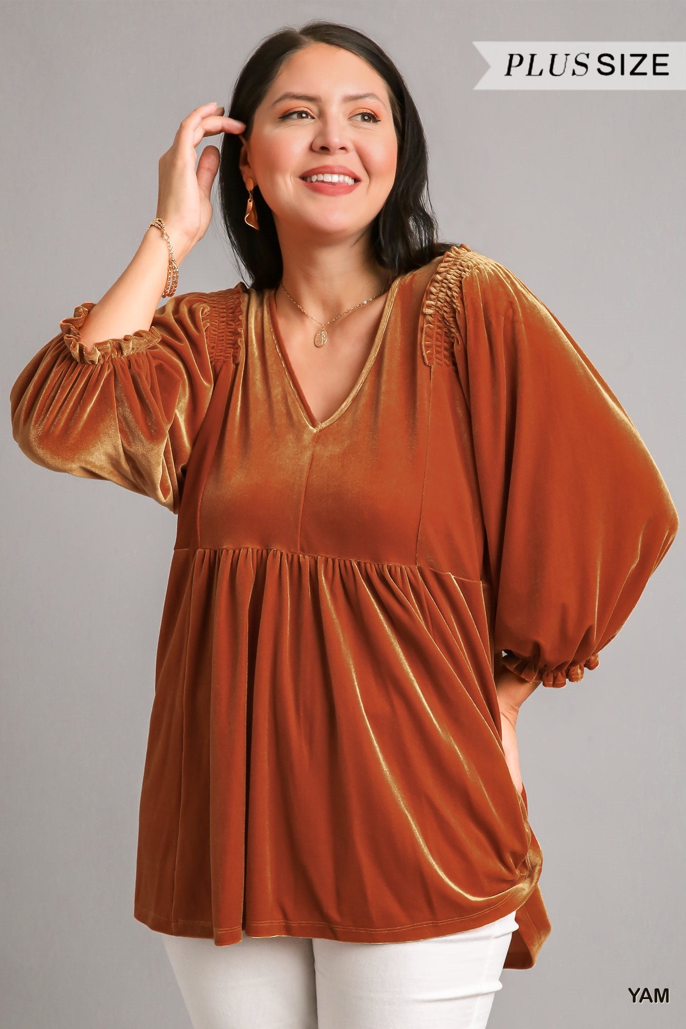 Umgee Plus Velvet Long Sleeve Smoked Tunic High Low Hem Top