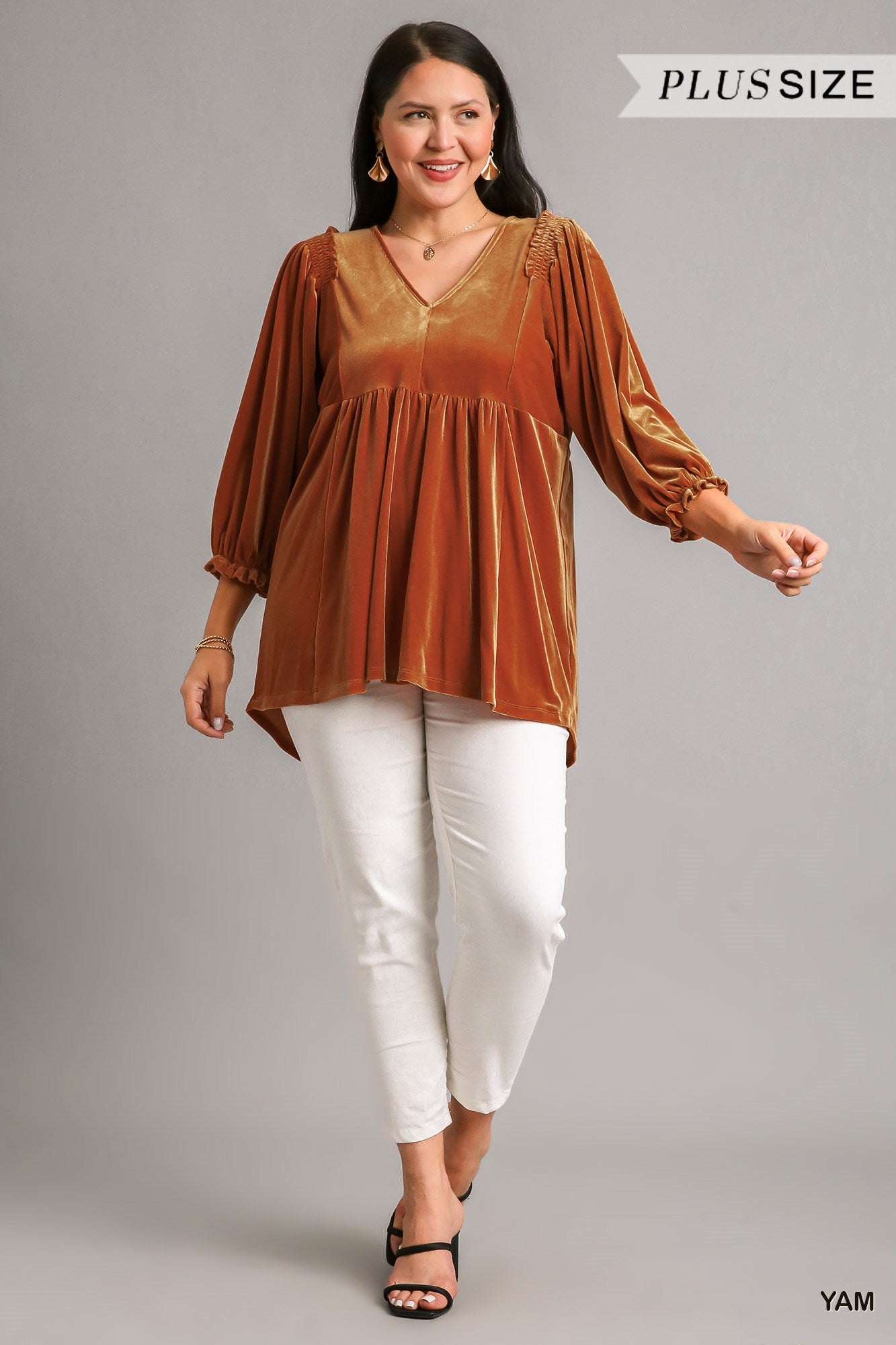 Umgee Plus Velvet Long Sleeve Smoked Tunic High Low Hem Top