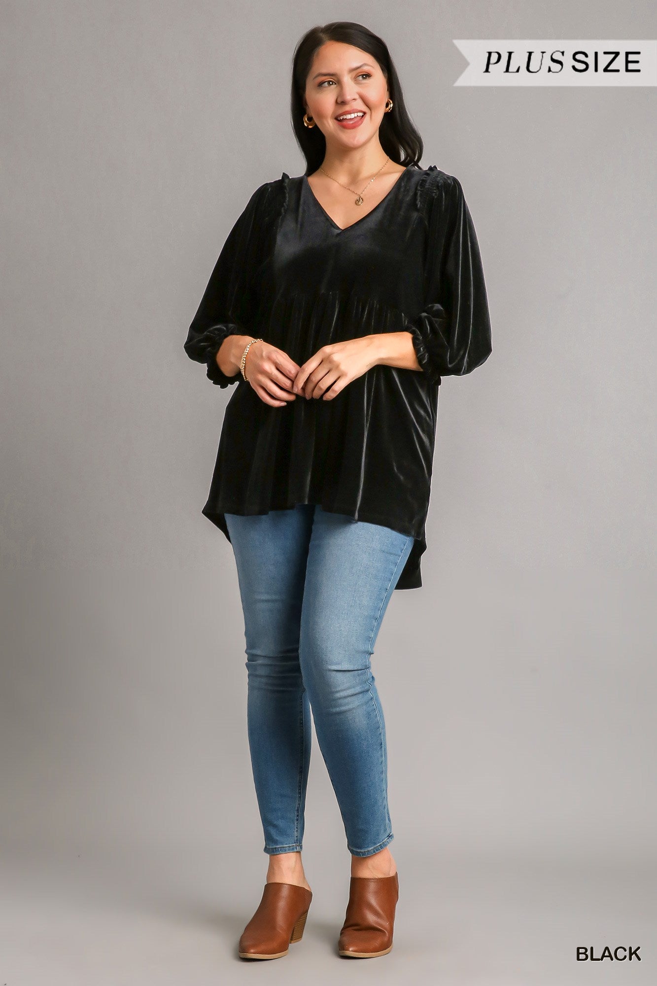 Umgee Plus Velvet Long Sleeve Smoked Tunic High Low Hem Top