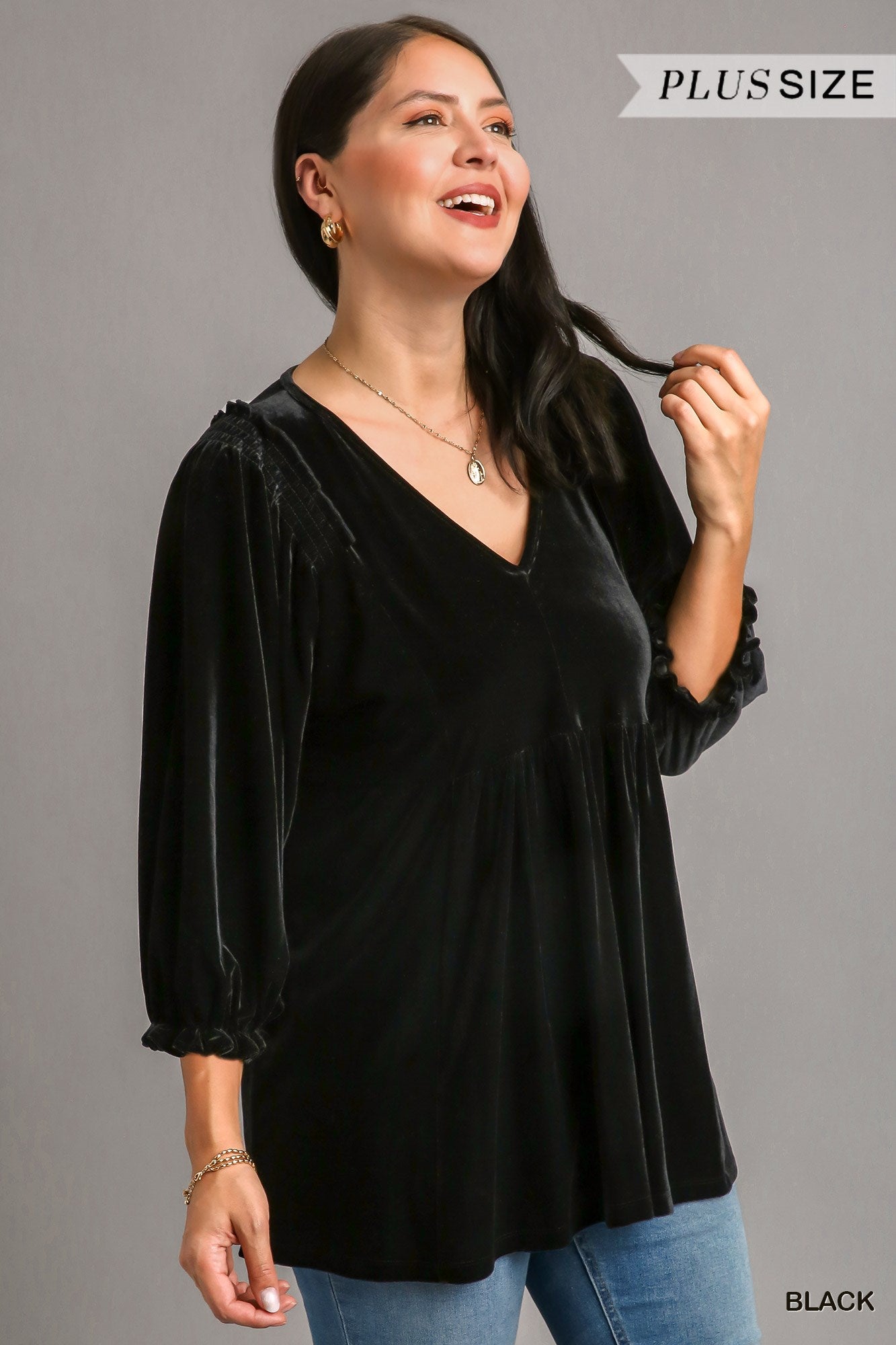 Umgee Plus Velvet Long Sleeve Smoked Tunic High Low Hem Top