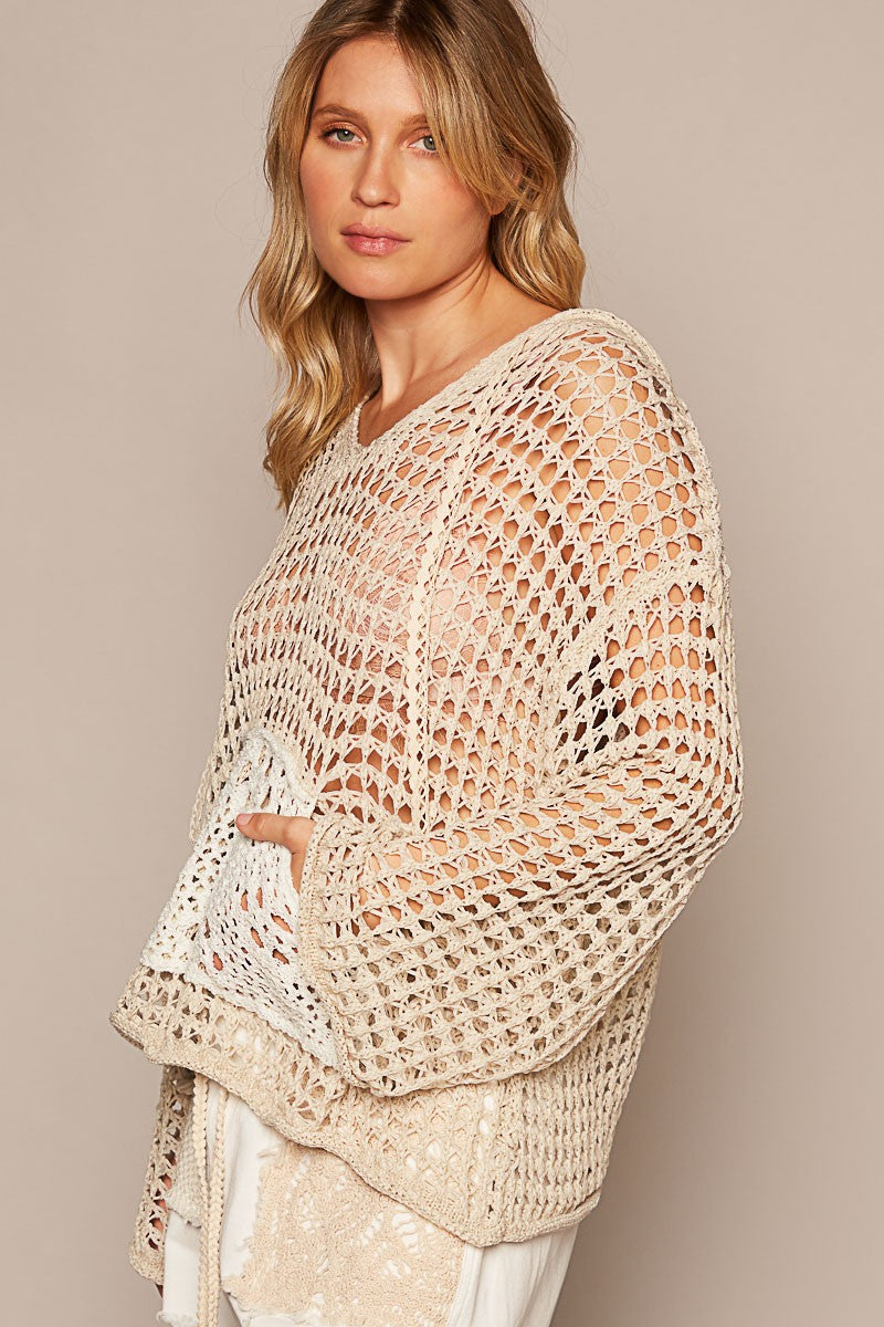 POL V Neck Long Sleeve Crochet Front Pockets Sweater Top