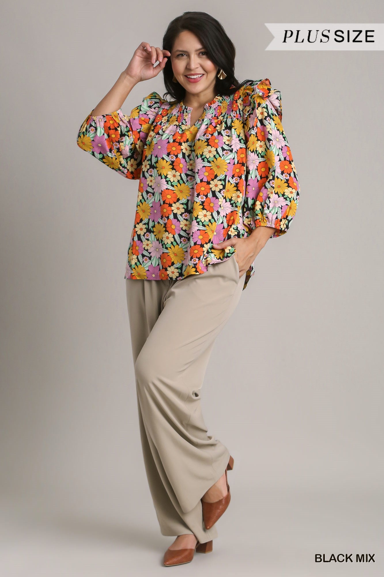 Umgee Plus Multicolor Flower Print V-Notched Smocked Top