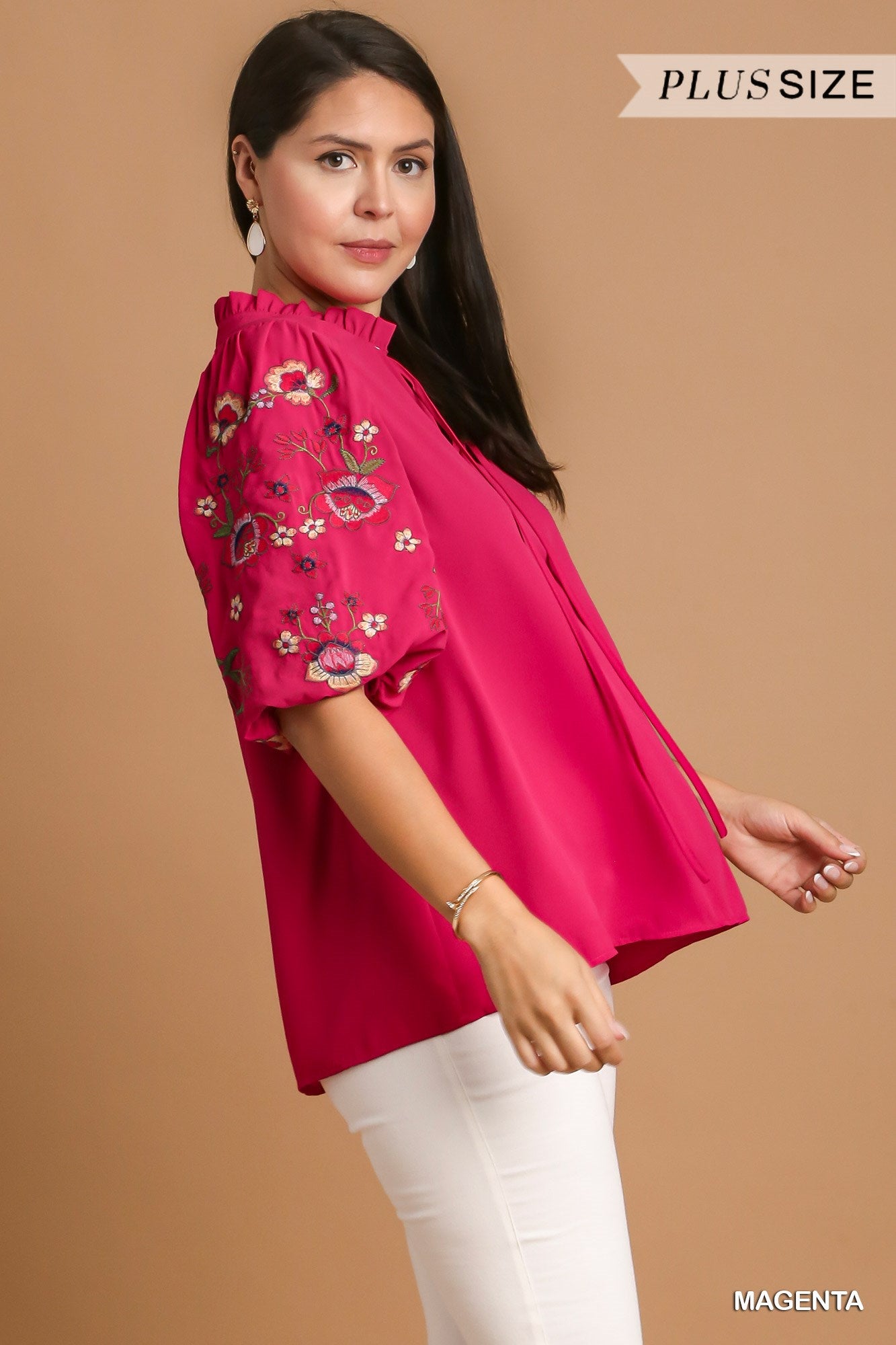 Umgee Plus Embroidery Puff Sleeve Ruffle V-Notched Top