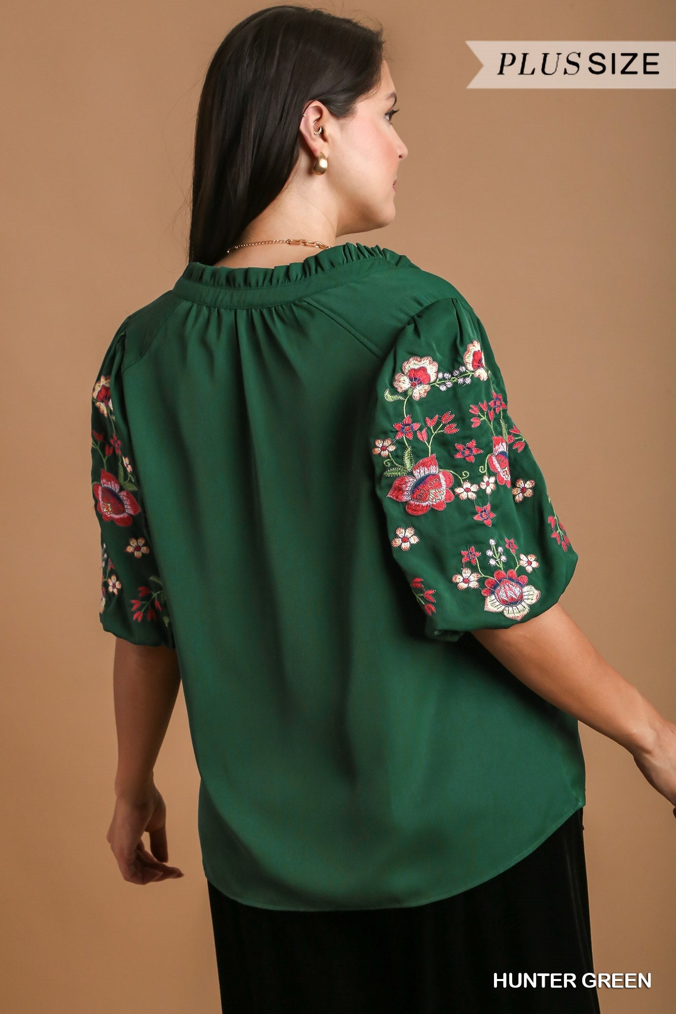 Umgee Plus Embroidery Puff Sleeve Ruffle V-Notched Top