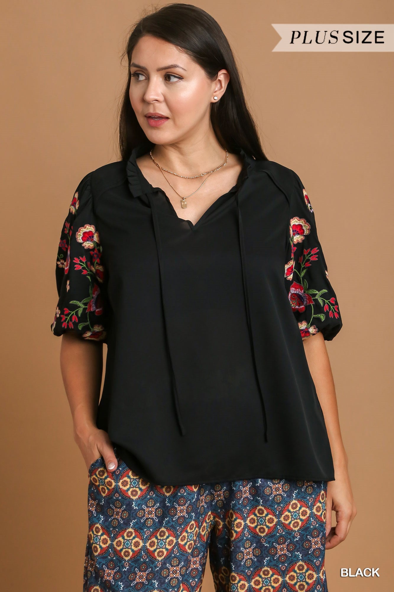 Umgee Plus Embroidery Puff Sleeve Ruffle V-Notched Top