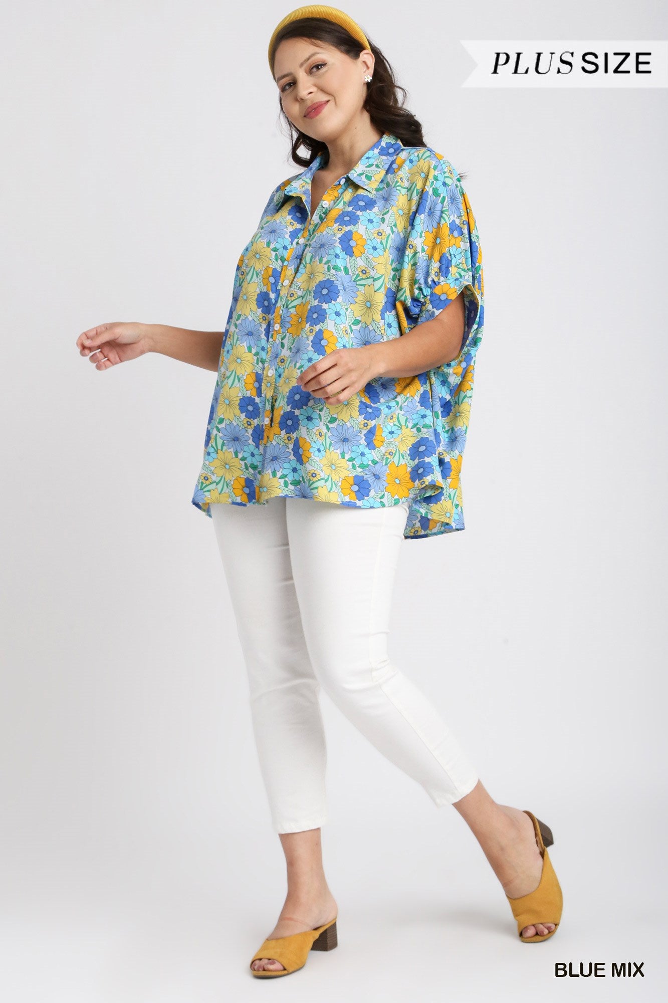 Umgee Plus Flower Print Boxy Cut Button Down Collared Top